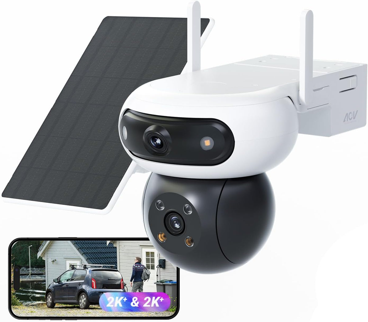 EZVIZ 8MP(4MP+4MP) Camera Surveillance WiFi Exterieure sans Fil ¨¤ Double Objectif Motoris¨¦, Camera Exterieur Solaire, Mode Always-on, D¨¦tection de Personne/V¨¦hicule, CB90 Dual+8W Panneau Solaire(Blanc/Noir)