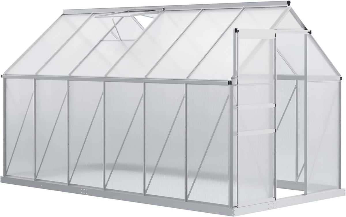 Outsunny Serre de Jardin en Polycarbonate 7,1 m2 avec Porte coulissante, Lucarne Ajustable, Fondation Incluse, dim. 1,9L x 3,75l x 1,99 m - Argent et Transparent(Argent/Transparent)