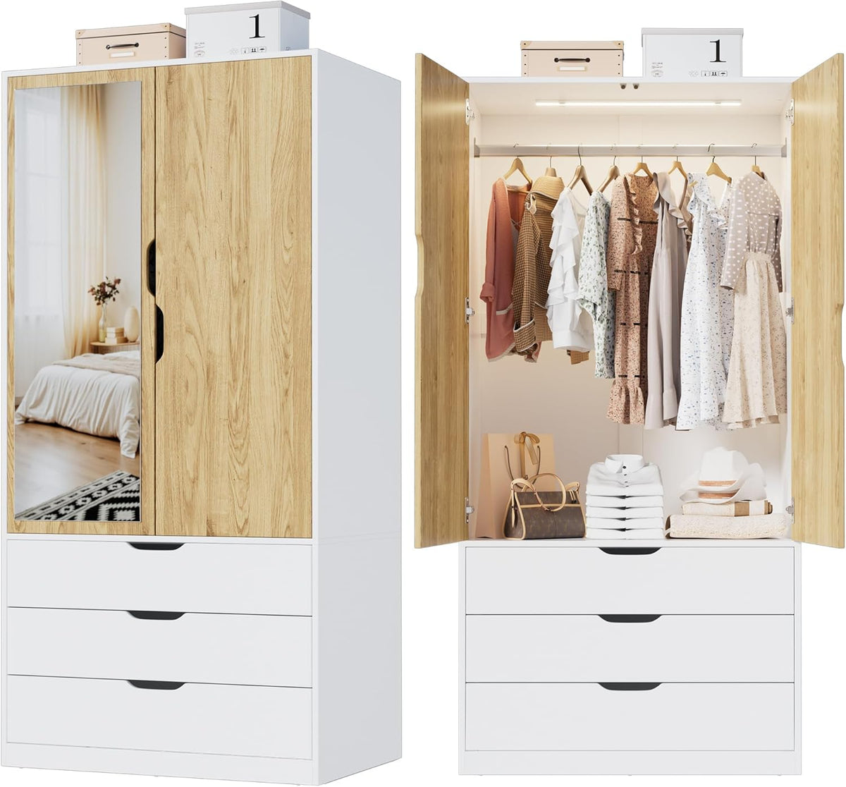 MSFE Armoire Chambre Penderie avec 2 Portes, Armoire Dressing Blanc avec Miroir, LED et 3 Tiroirs, Armoires de Rangement Bois pour Adulte Enfant, Garde-Robe Moderne 80 x 180 x 50 cm (L/H/P)(Blanc/Bois)