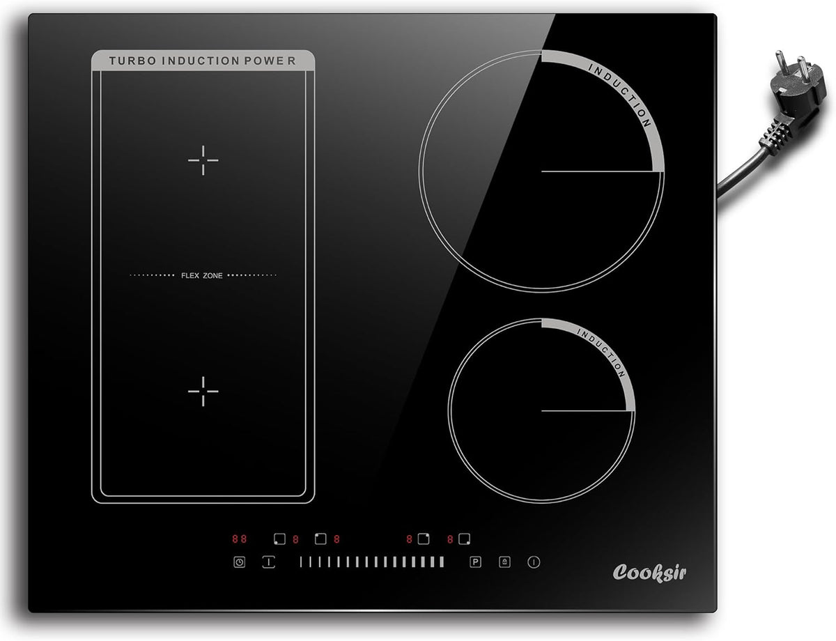 Plaque Induction 4 Feux avec Prise, Table de Cuisson Induction Encastrable 60cm, Plaque Electrique 4 Feux 3500W, Zone Combin¨¦e pour le Gril, Commande Tactile ¨¤ Curseur, 220V(Noir)