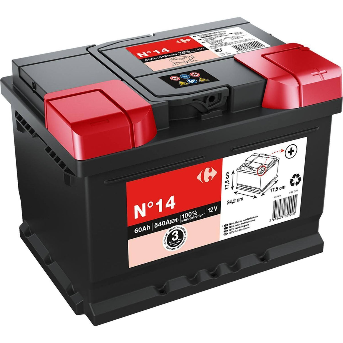 Bater¨ªa de coche Carrefour N14 60AH 540A T5(Noir/Rouge)