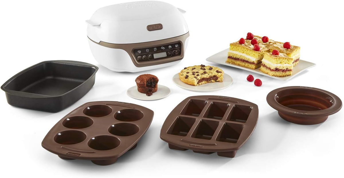 Tefal Machine ¨¤ gateaux, 5 programmes automatiques pour r¨¦glage, 1 mode manuel, 3 moules flexibles, 1 grand moule en acier rev¨ºtu, Compatible avec moules Crispybake, Cake Factory+ KD802112(4 moules silicone Proflex/Marron)