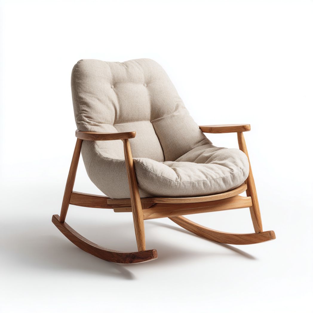 Fauteuil ¨¤ bascule en ch¨ºne massif avec assise en tissu beige