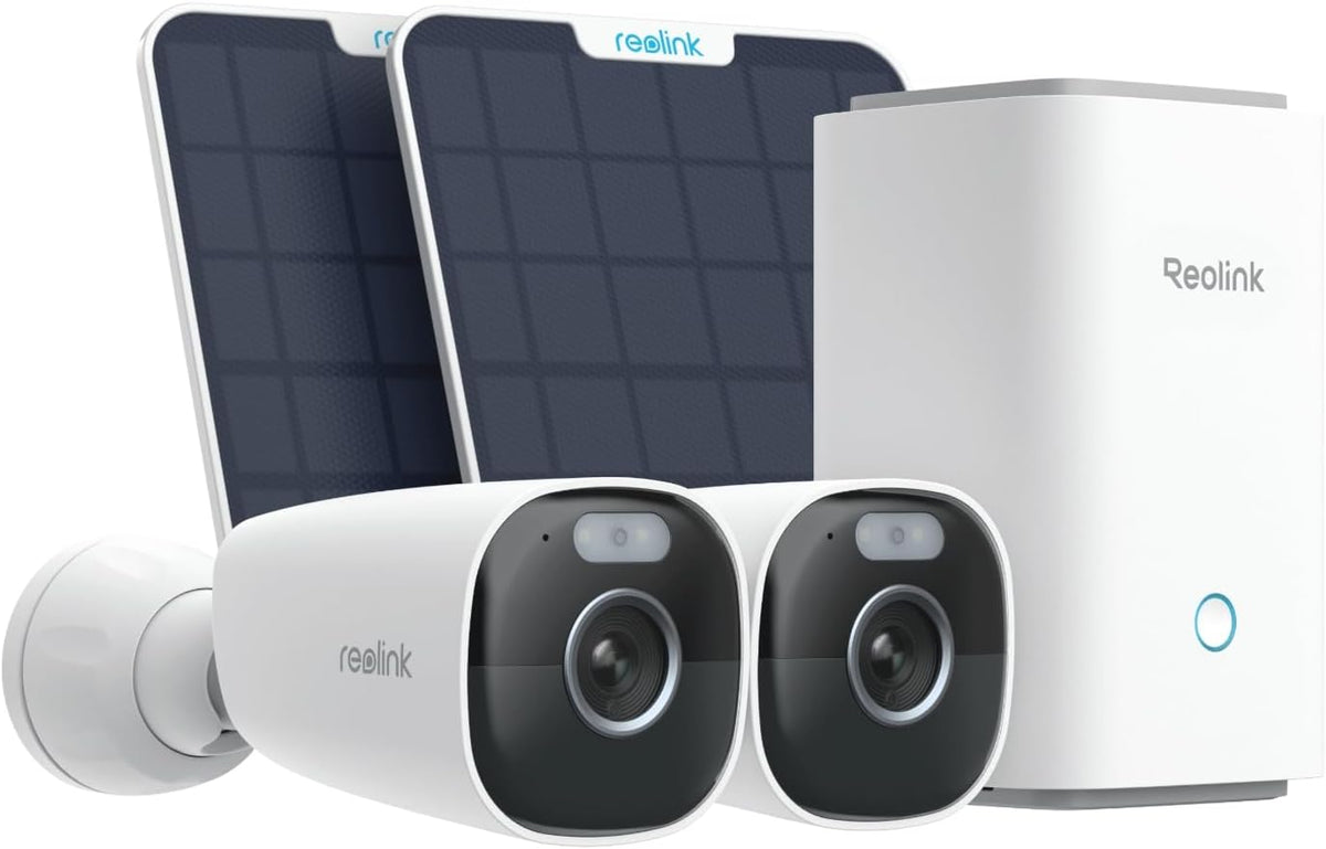 Reolink 5MP Camera Surveillance WiFi Exterieure sans Fil, Aliment¨¦ par Batterie/Solaire, Vision Nocturne en Couleur, Aucun Frais Mensuel, Stockage Local, Home Hub+2X Argus Eco Pro+Panneau Solaire(Blanc)