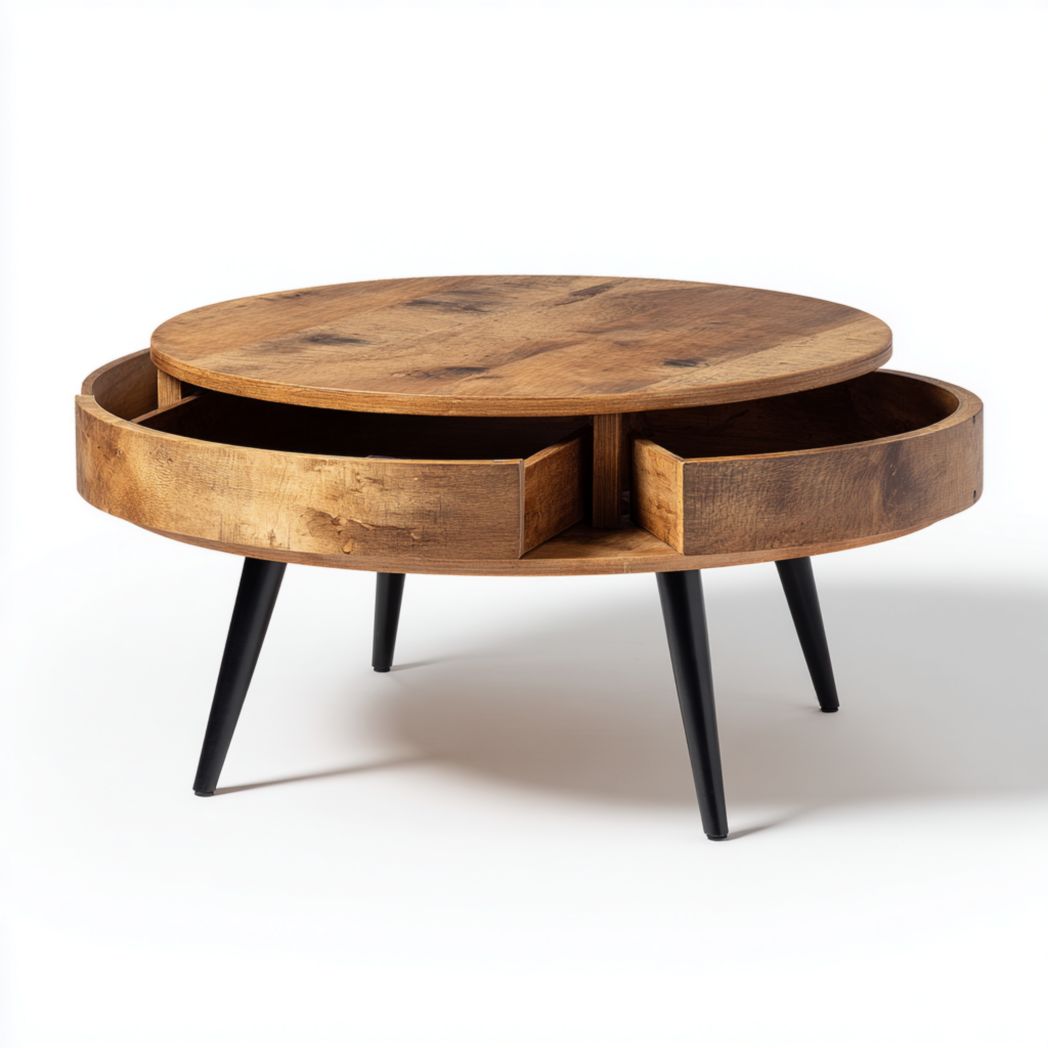 Table basse ronde en ch¨ºne avec tiroirs int¨¦gr¨¦s
