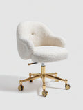 Chaise de bureau pivotante en tissu Boucle avec base dor¨¦e et roulettes - Blanc cass¨¦