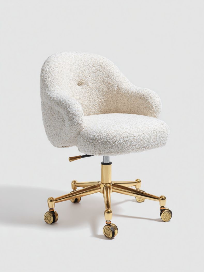Chaise de bureau pivotante en tissu Boucle avec base dor¨¦e et roulettes - Blanc cass¨¦