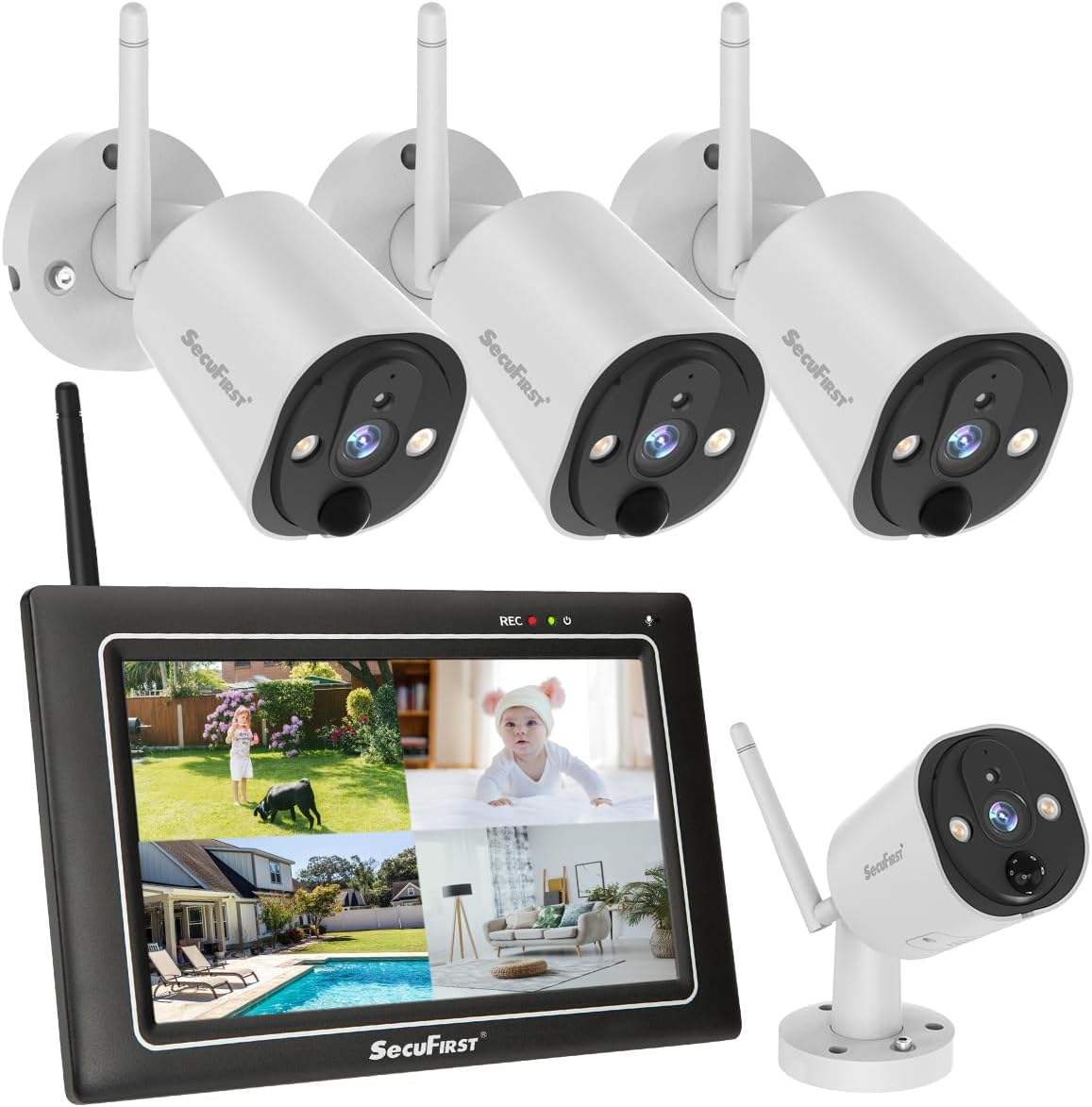 SecuFirst 2K Kit Camera Surveillance WiFi Exterieure sans Fil avec Moniteur, DVR ¨¦cran Tactile 7+4X Cam¨¦ra Babyphone Travailler sans Internet,AI D¨¦tecteur Mouvement,Sir¨¨ne,64 Go SD,Interphone(Blanc)
