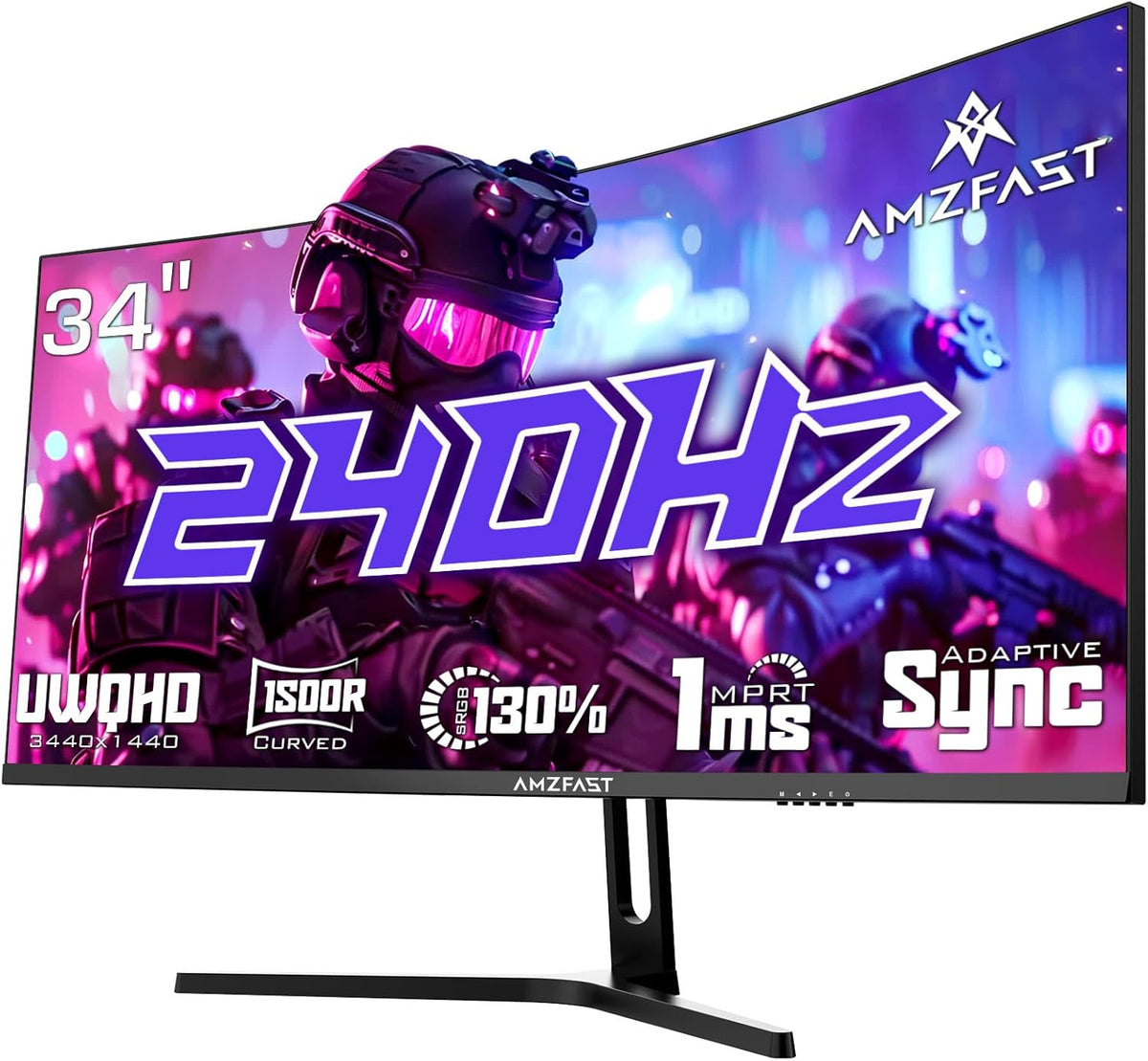 Amzfast Ecran Pc Gamer Incurv¨¦ 34 Pouces, 240Hz, UWQHD 3440x1440 (21:9), 1 ms MPRT, Eyes Care, sRGB 130 pour cent, Adaptive Sync, HDR, HDMI 2.1 * 2, DP 1.4 * 2, VESA 75x75, PIP/PBP, AMZG34C5QPro