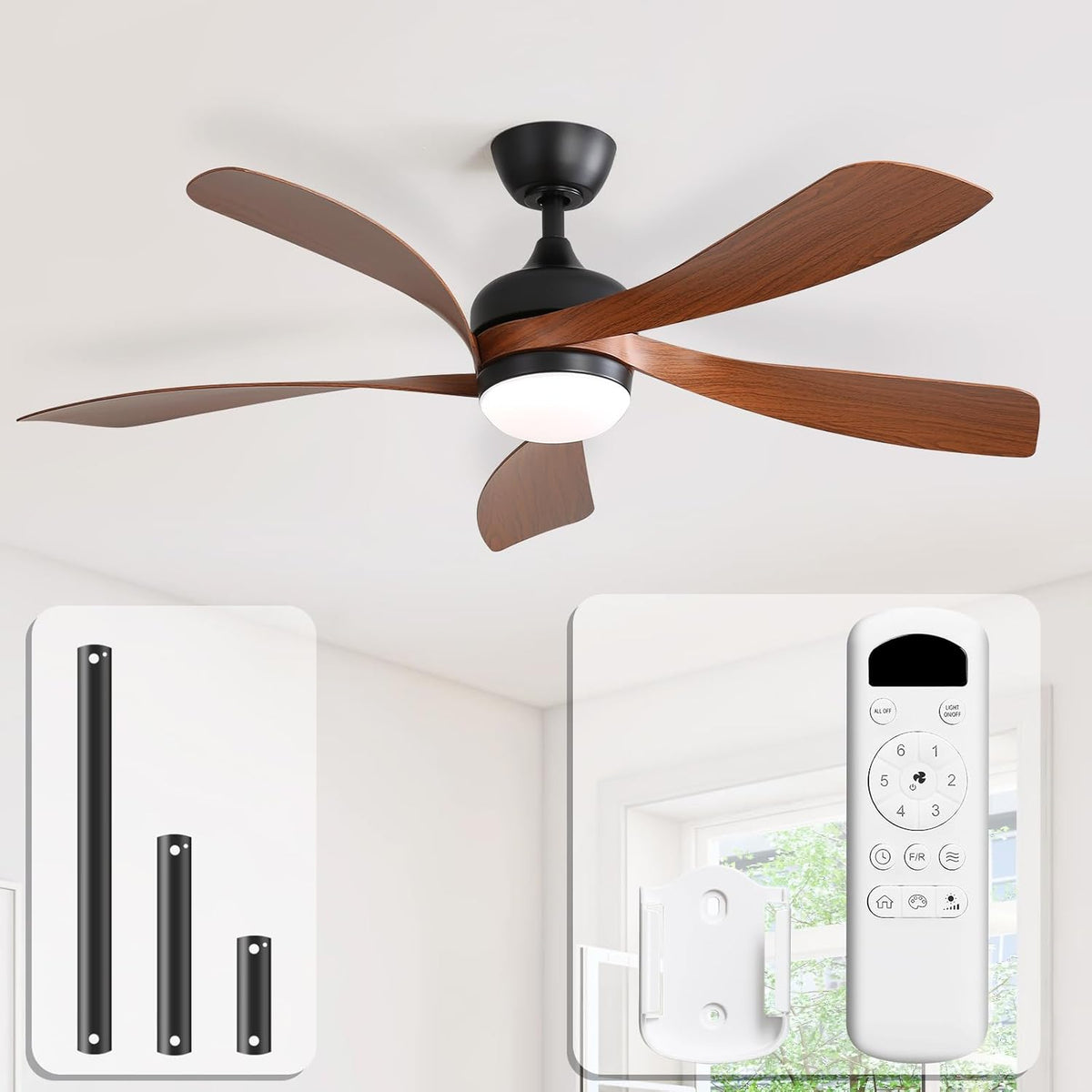 Sofucor Ventilateur Plafond avec Lumiere et Telecommande, 132 cm Dimmable Lampe Ventilateur Plafond LED, 6 Vitesses, DC Silencieux R¨¦versibles, Minuterie, pour Chambre(Noir/Marron/Blanc)