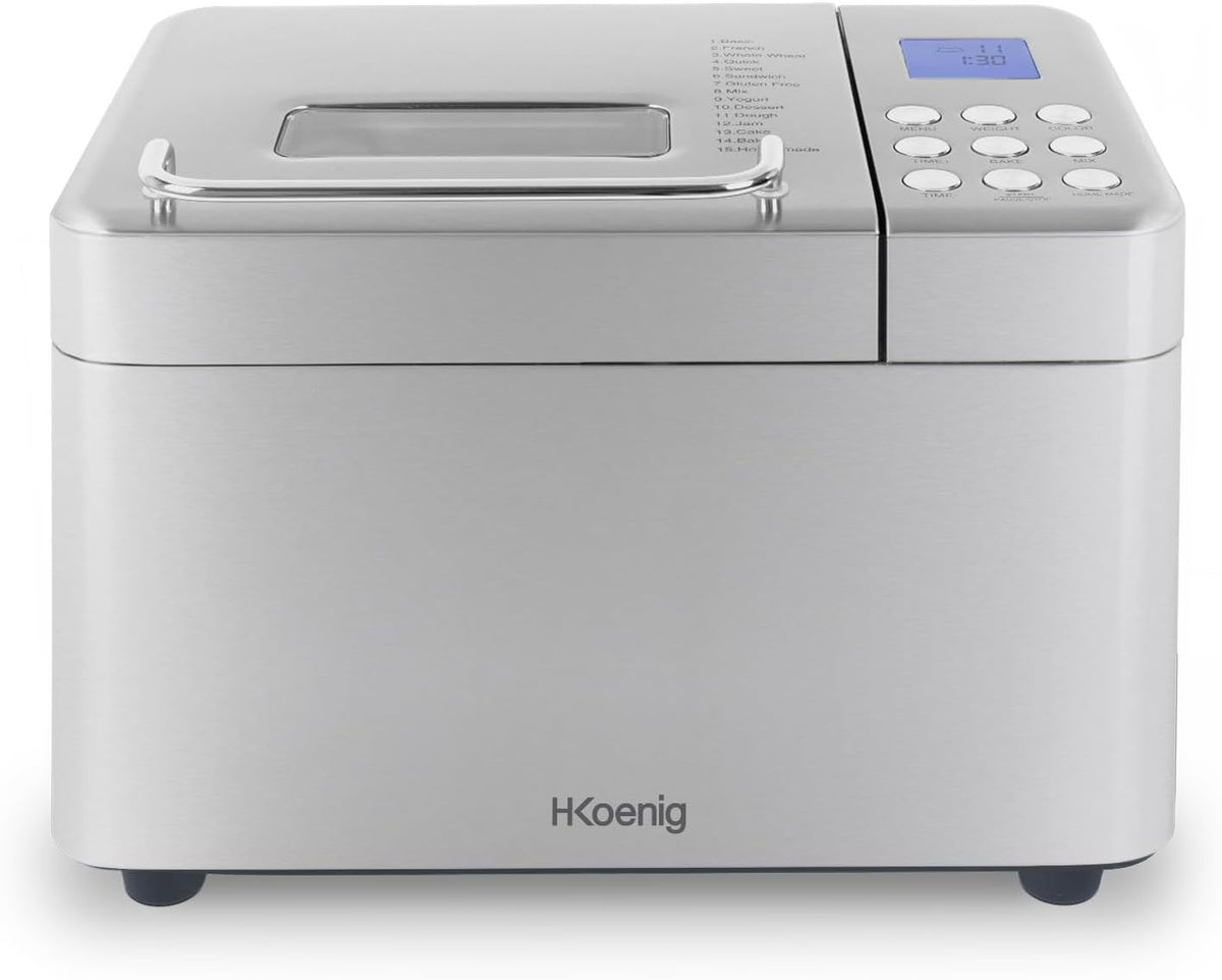 H.Koenig BAKE440 Bread Machine, 15 Programmes, 3 Bread Sizes, Up to 1 kg of Bread, Start Preselection/Keep Warm Function, Cereal Dispenser, Removable Container, Non-Stick Coating, LCD Display, 600 W