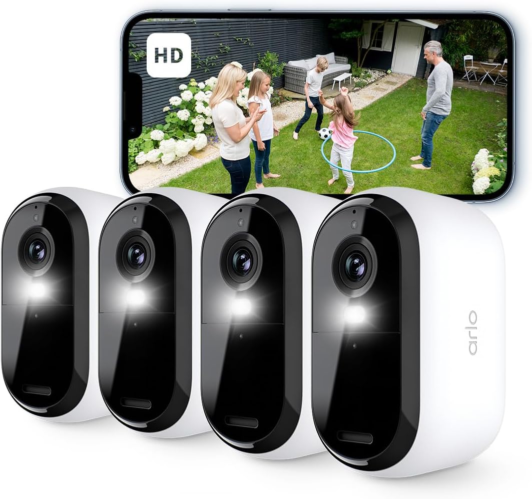 Arlo Essential 2 HD, Cam¨¦ra de Surveillance WiFi Ext¨¦rieure Sans Fil, Autonomie de 6 mois, Vision Nocturne Couleur, ¨¦clairage, Sir¨¨ne et Audio Bidirectionnel, Essai Arlo Secure Inclus, 4 Cam¨¦ras Blanc(Blanc)