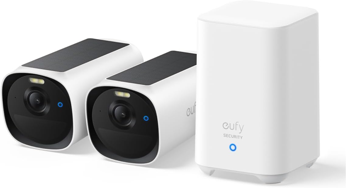 eufy Security Kit de 2 cam¨¦ras eufyCam E40 (HomeBase 2),cam¨¦ras de s¨¦curit¨¦ solaires sans Fil pour l¡¯ext¨¦rieur, 2K avec Panneau Solaire int¨¦gr¨¦, Vision Nocturne MaxColor, Configuration 2+1.(White)