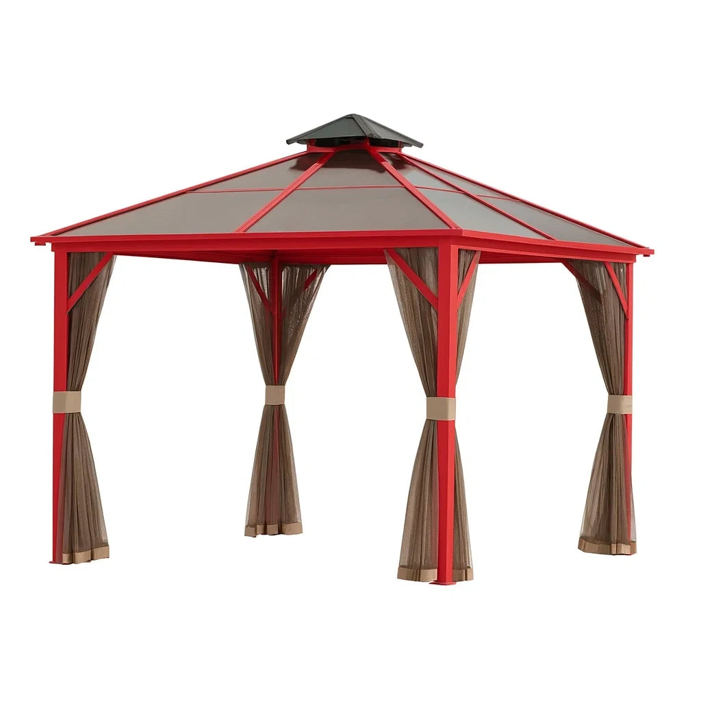 Tonnelle en m¨¦tal rouge avec toit en polycarbonate(Rouge/Marron)